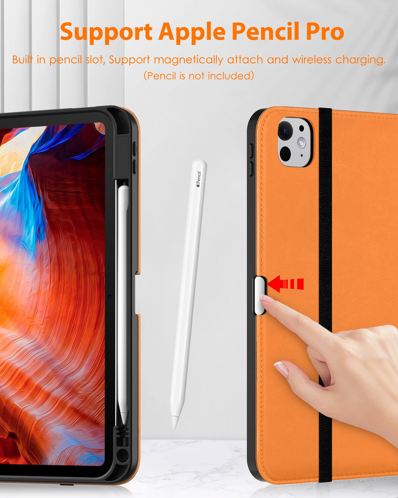 Support Apple Pencil Pro

Built in pencil slot, Support magnetically attach and wireless charging. (Pencil is not included)
