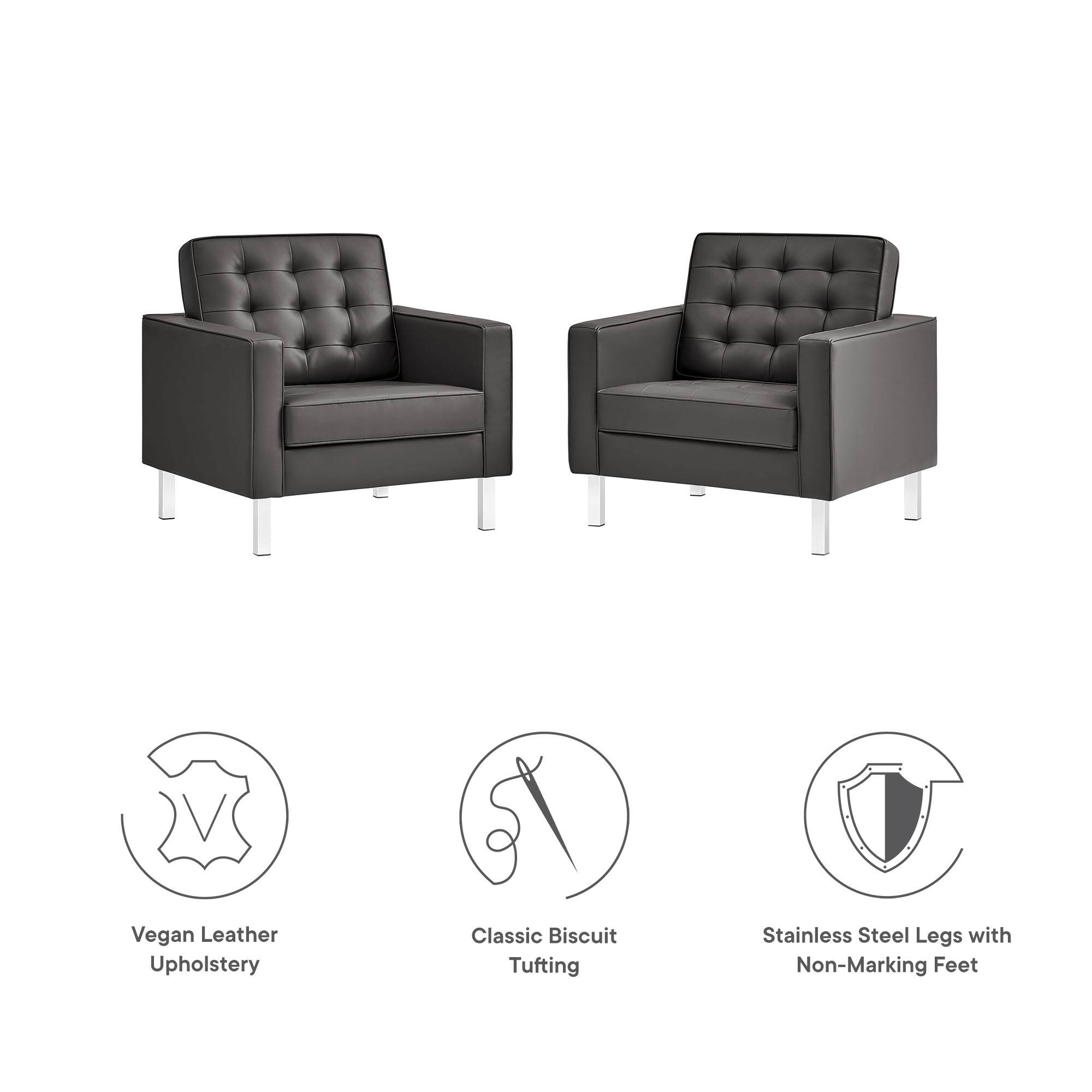 Vegan Leather Upholstery  
Classic Biscuit Tufting  
Stainless Steel Legs with Non-Marking Feet