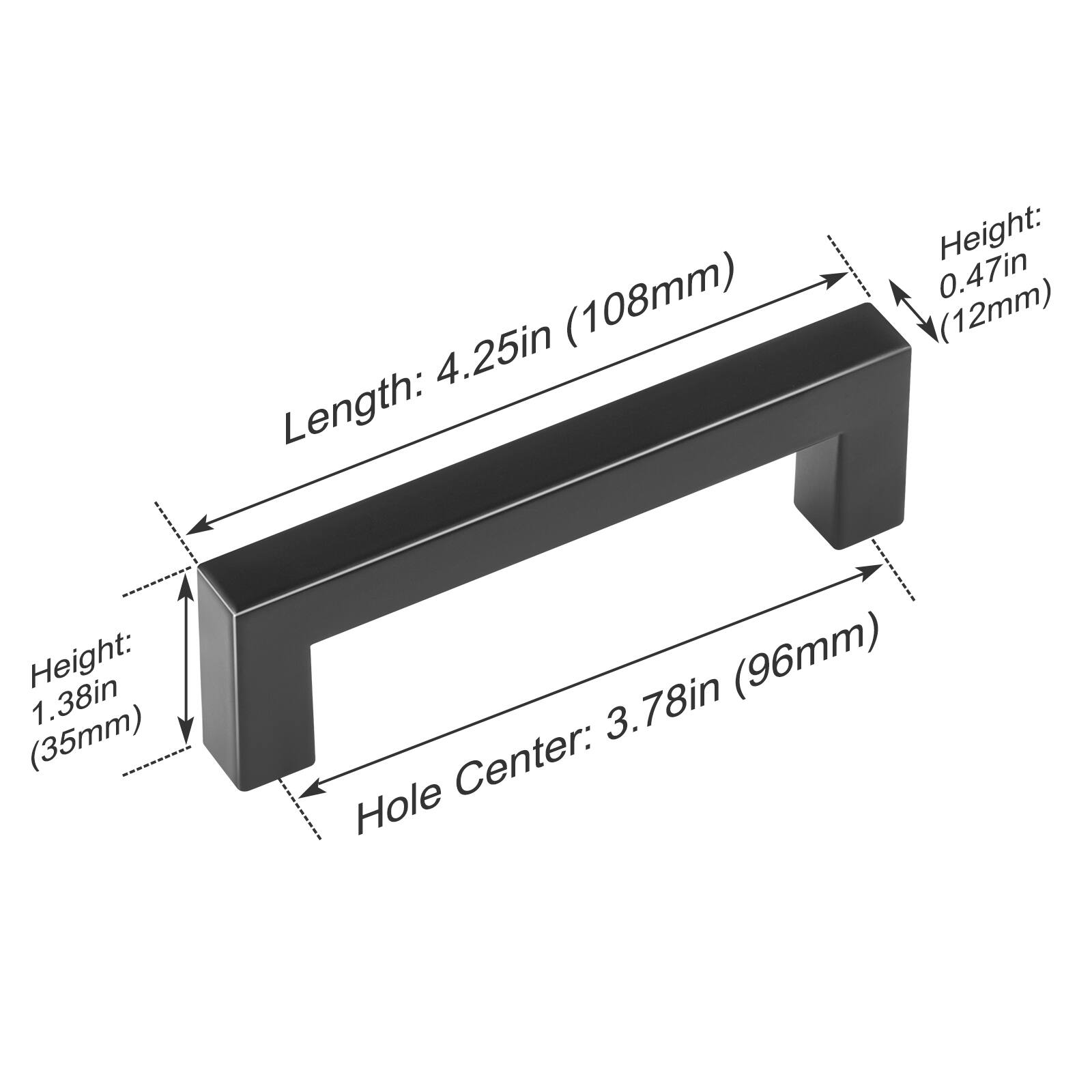 4.25in (108mm) Length:  
Height: 0.47in (12mm)  
Height: 1.38in (35mm)  
Hole Center: 3.78in (96mm)