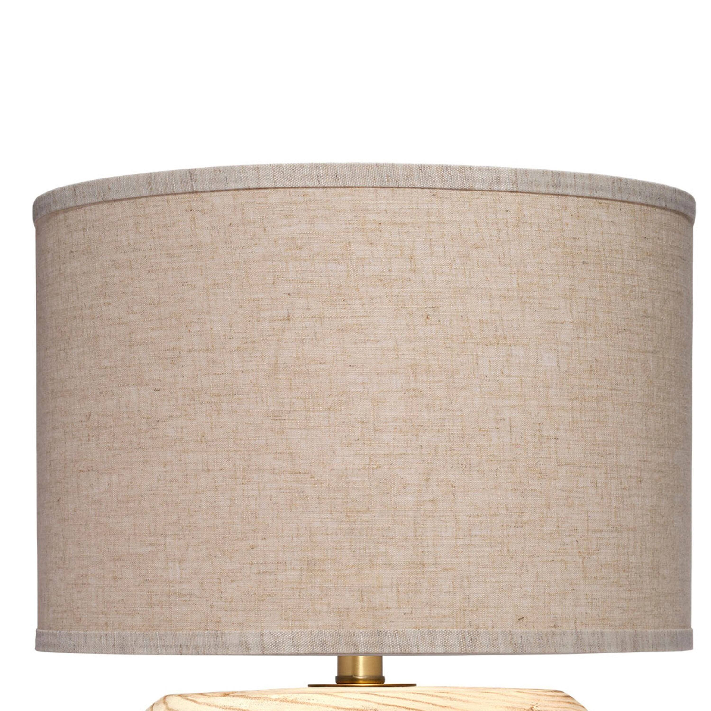 Left. Manhattan Lane - Timy Accent Table Lamp, 18 Inch, Linen Drum Shade, Wood Base - Natural Brown, Oat Brown, Brass.