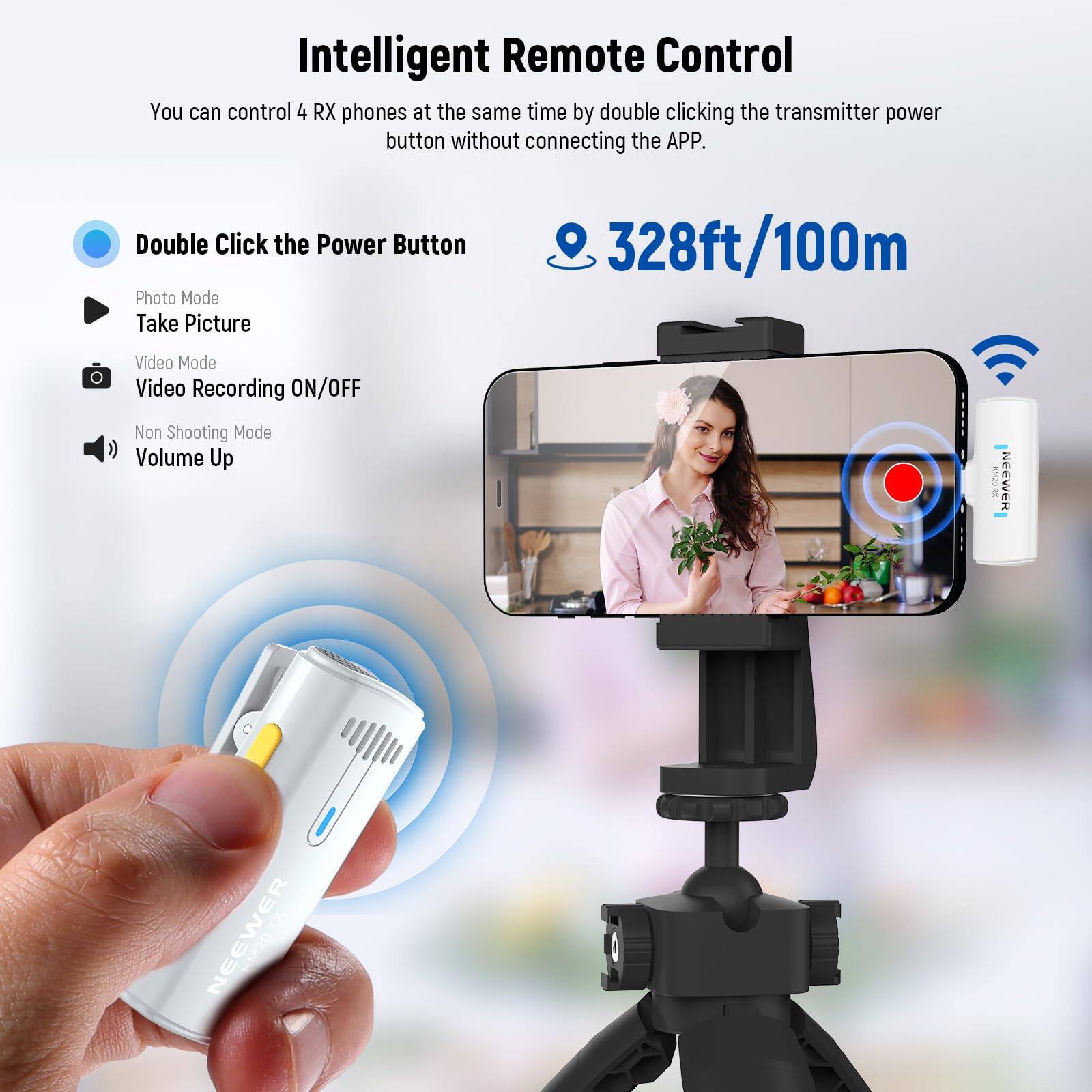 Intelligent Remote Control

You can control 4 RX phones at the same time by double clicking the transmitter power button without connecting the APP.

Double Click the Power Button

- Photo Mode: Take Picture
- Video Mode: Video Recording ON/OFF
- Non Shooting Mode: Volume Up

328ft/100m