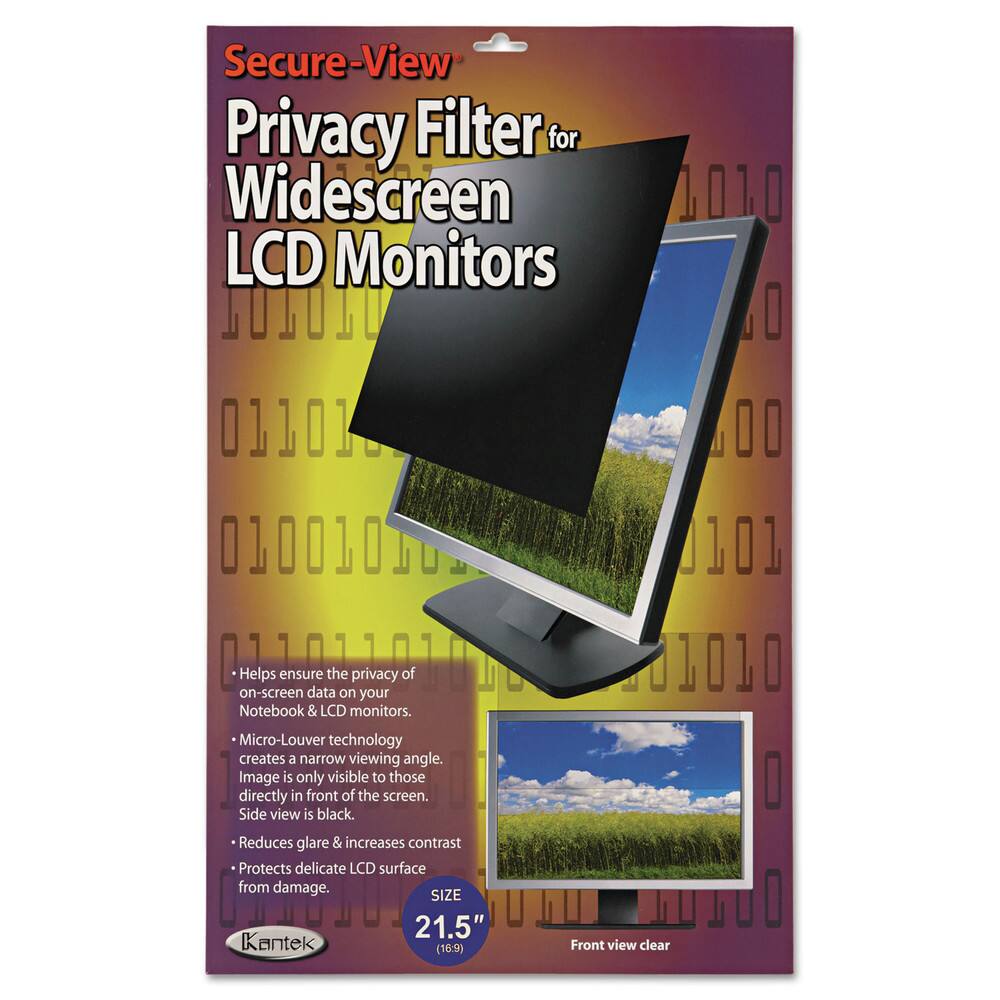 Secure-View Privacy Filter for Widescreen LCD Monitors

- Helps ensure the privacy of on-screen data on your Notebook & LCD monitors.
- Micro-Louver technology creates a narrow viewing angle. Image is only visible to those directly in front of the screen. Side view is black.
- Reduces glare & increases contrast
- Protects delicate LCD surface from damage.

SIZE 21.5" (16:9)

Front view clear

Kantek