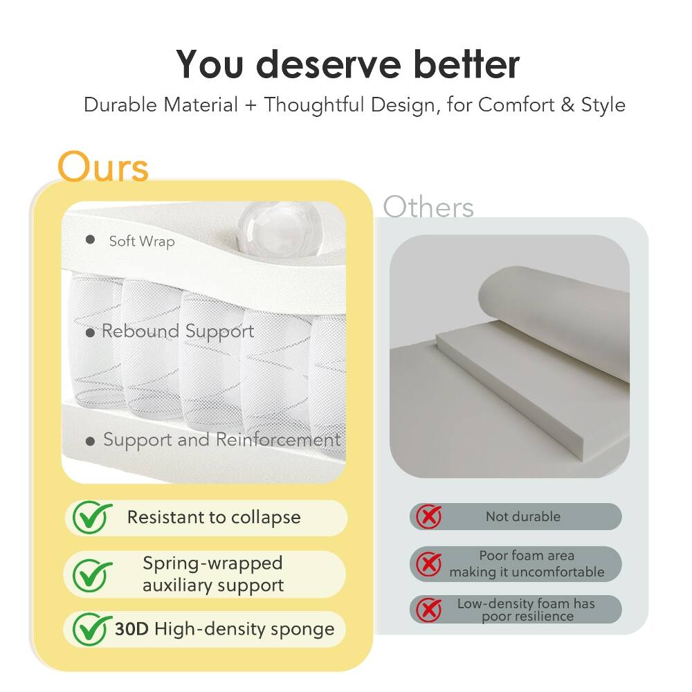 You deserve better  
Durable Material + Thoughtful Design, for Comfort & Style  

Ours  
- Soft Wrap  
- Rebound Support  
- Support and Reinforcement  
- Resistant to collapse  
- Spring-wrapped auxiliary support  
- 30D High-density sponge  

Others  
- Not durable  
- Poor foam area making it uncomfortable  
- Low-density foam has poor resilience