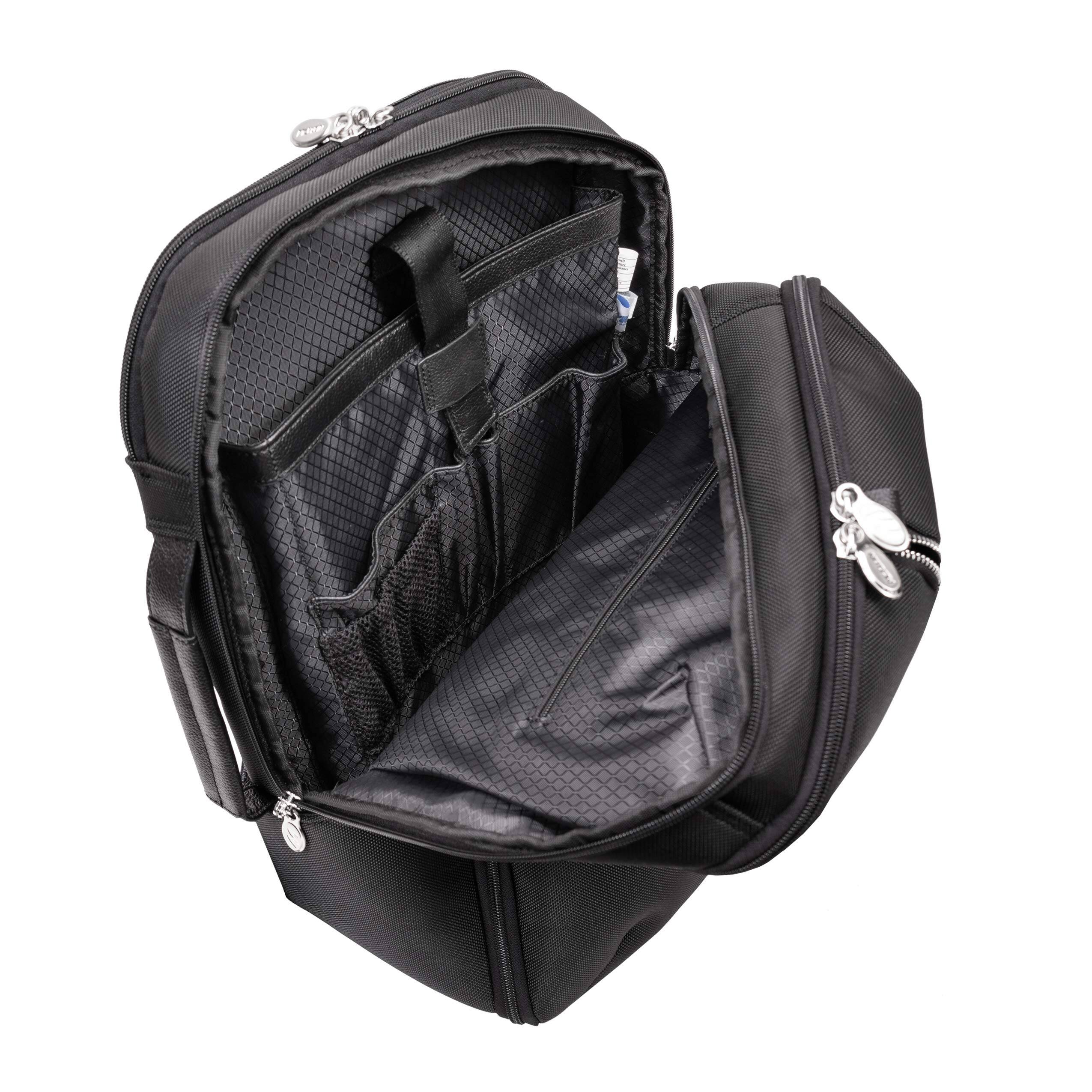 Alt View 4. McKlein - 17" Laptop Backpack, 1680D Ballistic Nylon Leather Trim, Triple Compartment, Laptop & Tablet Sleeves - Black.