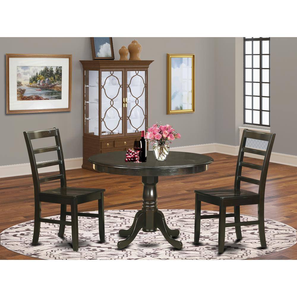 Back. East West Furniture - 3 Pc small Kitchen Table and Chairs set-Kitchen Table and 2 Dinette Chairs. - Cappuccino.