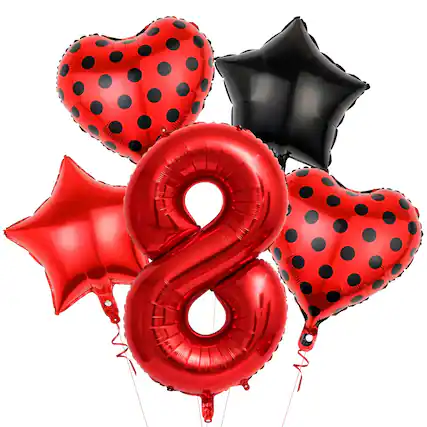 Front. Vulpecula Spade - Red 8 Balloon, 40-inch red mylar number with heart-shaped ladybug balloons, 8st birthday balloon set, suitable for theme - Red.