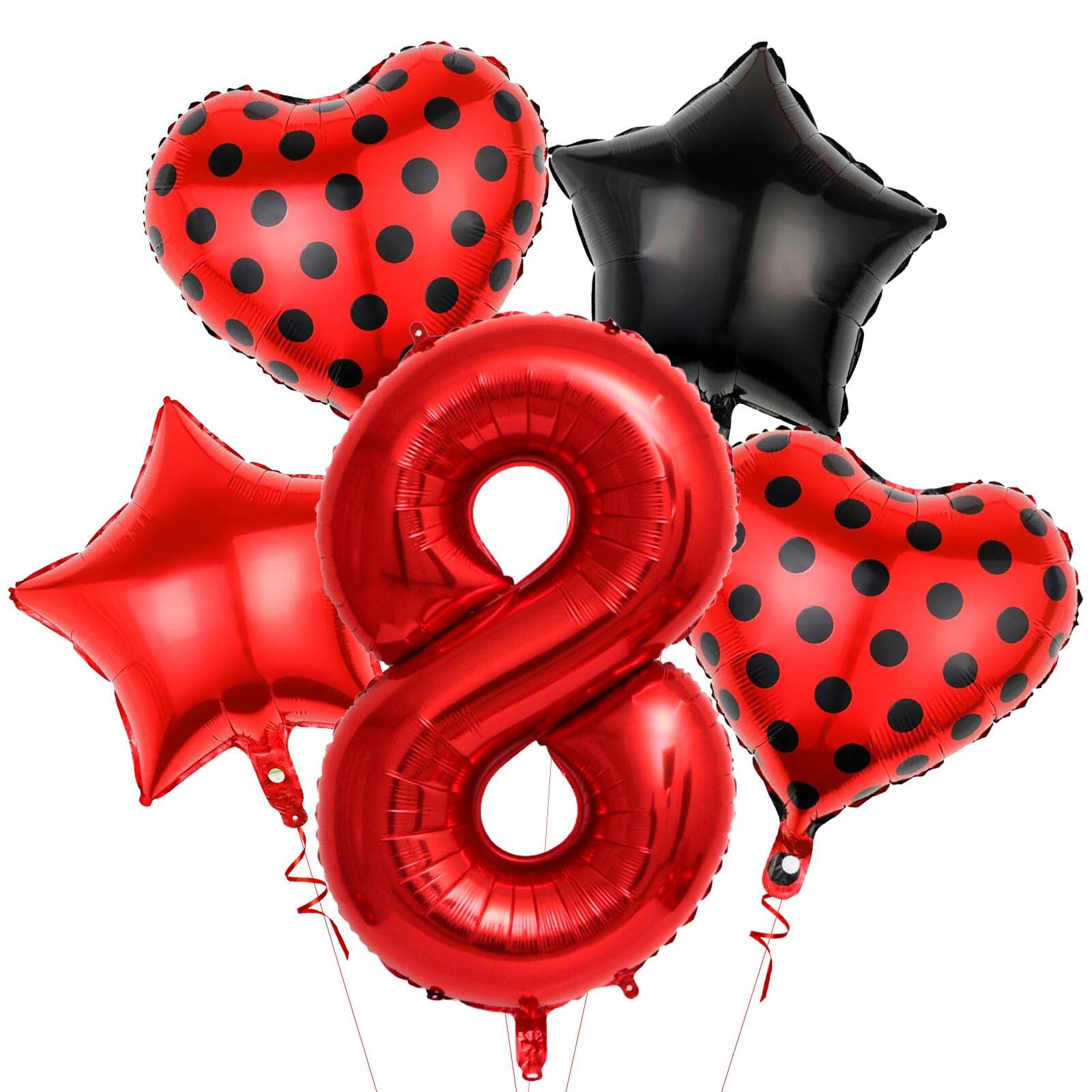 Front. Vulpecula Spade - Red 8 Balloon, 40-inch red mylar number with heart-shaped ladybug balloons, 8st birthday balloon set, suitable for theme - Red.