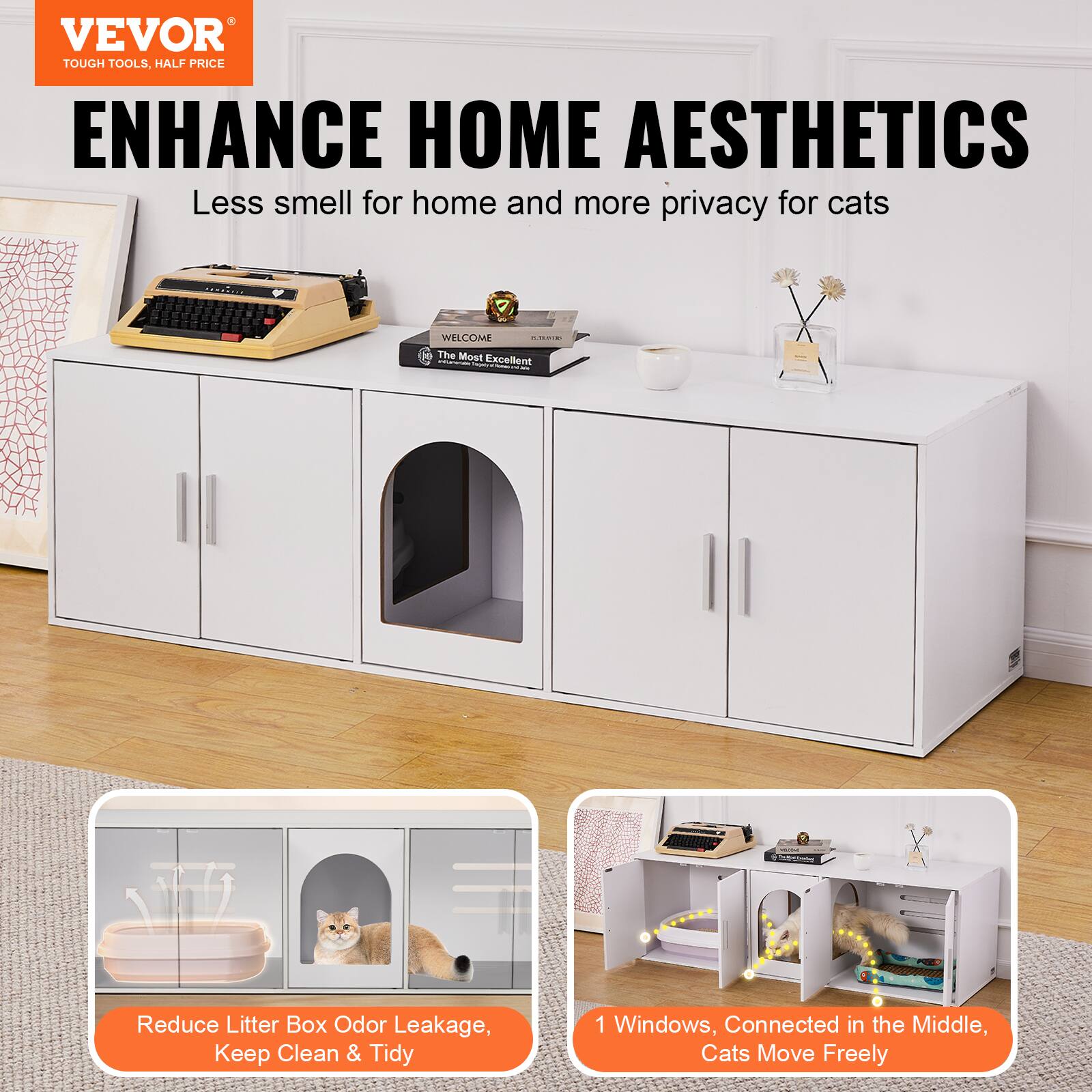 VEVOR  
TOUGH TOOLS, HALF PRICE  

ENHANCE HOME AESTHETICS  
Less smell for home and more privacy for cats  

Reduce Litter Box Odor Leakage, Keep Clean & Tidy  

1 Windows, Connected in the Middle, Cats Move Freely
