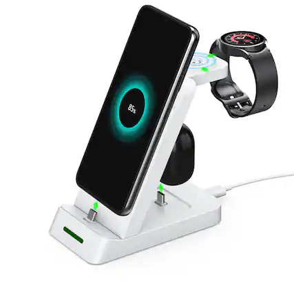 Front. RISOKEYS - 3-in-1 Charging Dock - Vertical Desktop Charger for Phones, Watchesand Earphones, Power Adapter for Samsung - White.