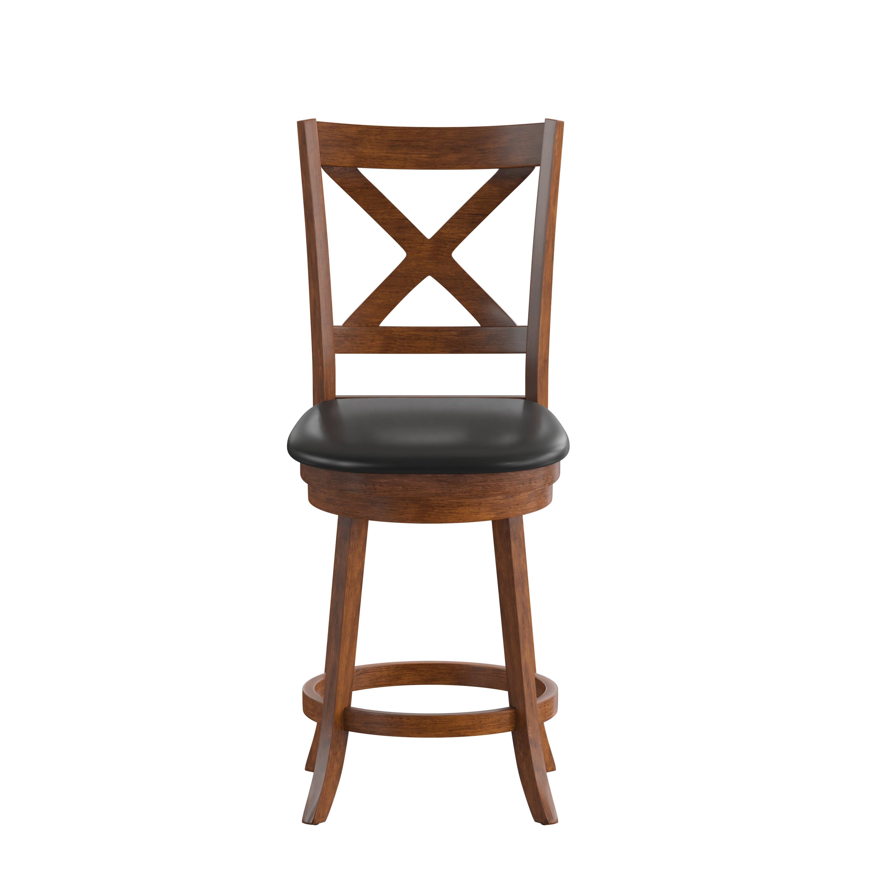 Angle. Flash Furniture - Felicity Commercial Grade Wood Classic Crossback Swivel Counter Height Barstool with Padded Black LeatherSoft Seat, Anti - Brown.