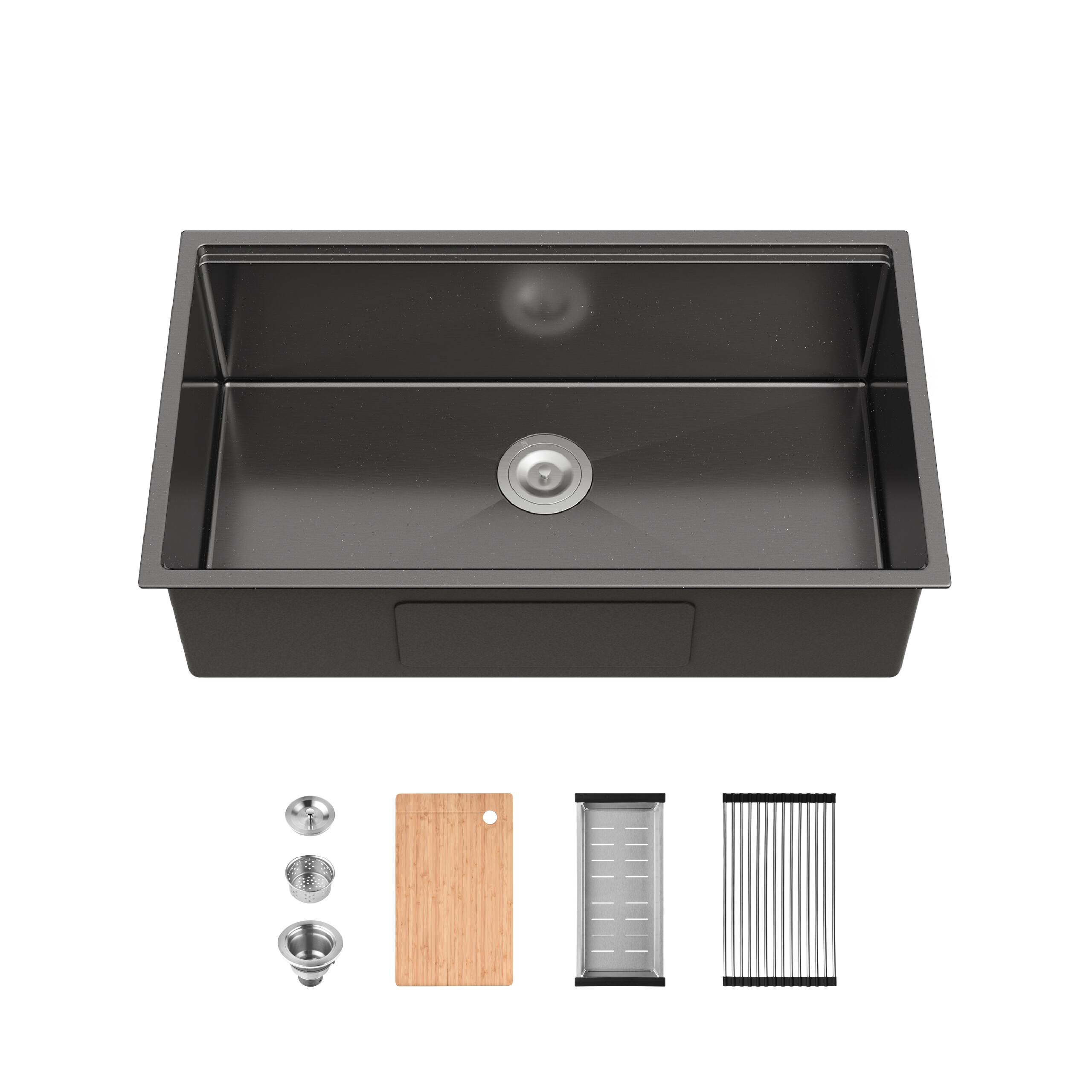 Front. APRILSOUL - Stainless Steel Kitchen Sink 33x19 Single Bowl Undermount Handmade Brushed Cutting Board Colander - Black.