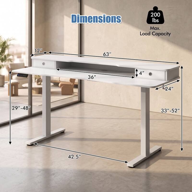200 lbs Max. Load Capacity

Dimensions:
- 63" (length)
- 36" (width)
- 4" (height)
- 24" (depth)
- 29"-48" (adjustable height range)
- 33"-52" (adjustable height range)
- 42.5" (overall height)