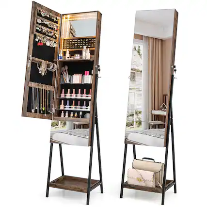 Front. Costway - Costway Jewelry Cabinet Armoire Full-Length Mirror with 3-Color LED Lights tip-out Drawer - Rustic Brown.