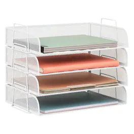 Mind Reader - Stackable Paper Tray, Desktop Organizer, File Storage, Office, Metal Mesh, 4 Pcs - White