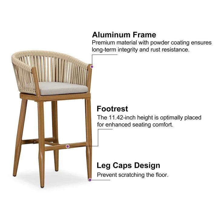Aluminum Frame  
Premium material with powder coating ensures long-term integrity and rust resistance.  

Footrest  
The 11.42-inch height is optimally placed for enhanced seating comfort.  

Leg Caps Design  
Prevent scratching the floor.
