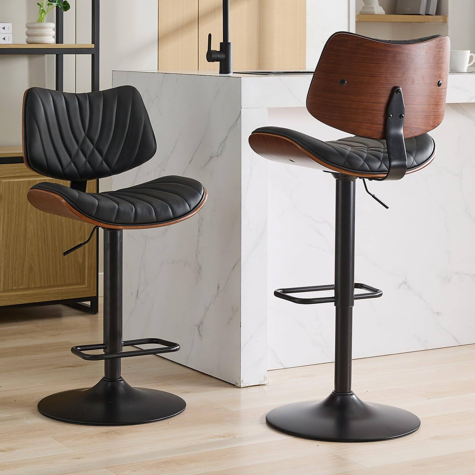 Alt View 1. Ecooso - Set of 2 Adjustable Swivel Bar Stools, Walnut Bentwood Frame, Leather Upholstered - Black.