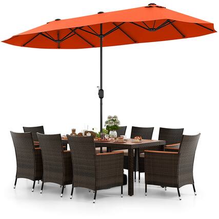 Front. Costway - 11 PCS Patio Wicker Dining Set with Double-Sided Outdoor Umbrella 8 Stackable Chairs - Orange + Mix Brown + Beige.
