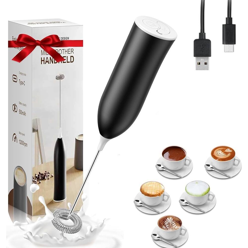 ACJPR - Milk Frother, Handheld Electric Whisk, USB Rechargeable Foam Maker, Mini Drink Mixer for Coffee, Matcha, Hot Chocolate - Black