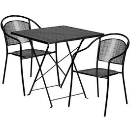 Emma + Oliver - Commercial Grade 28" Square Metal Folding Patio Table Set w/ 2 Round Back Chairs - Black