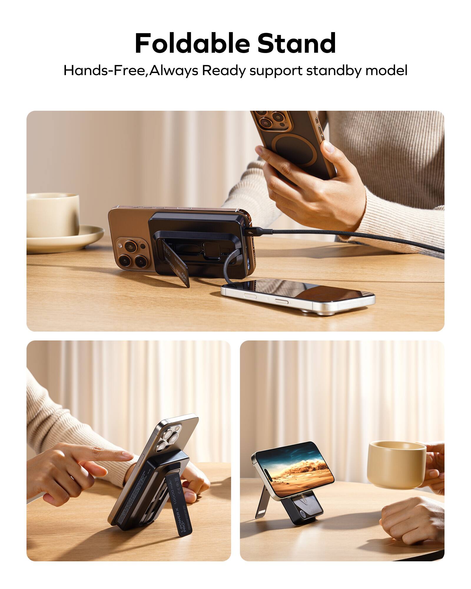 The image features a foldable stand that supports a cell phone, allowing the user to hold the phone in their hand while it remains propped up. The stand is designed to be hands-free and always ready, making it a convenient and practical accessory for users. The stand is capable of supporting a device with a battery capacity of over 10,000 mAh.