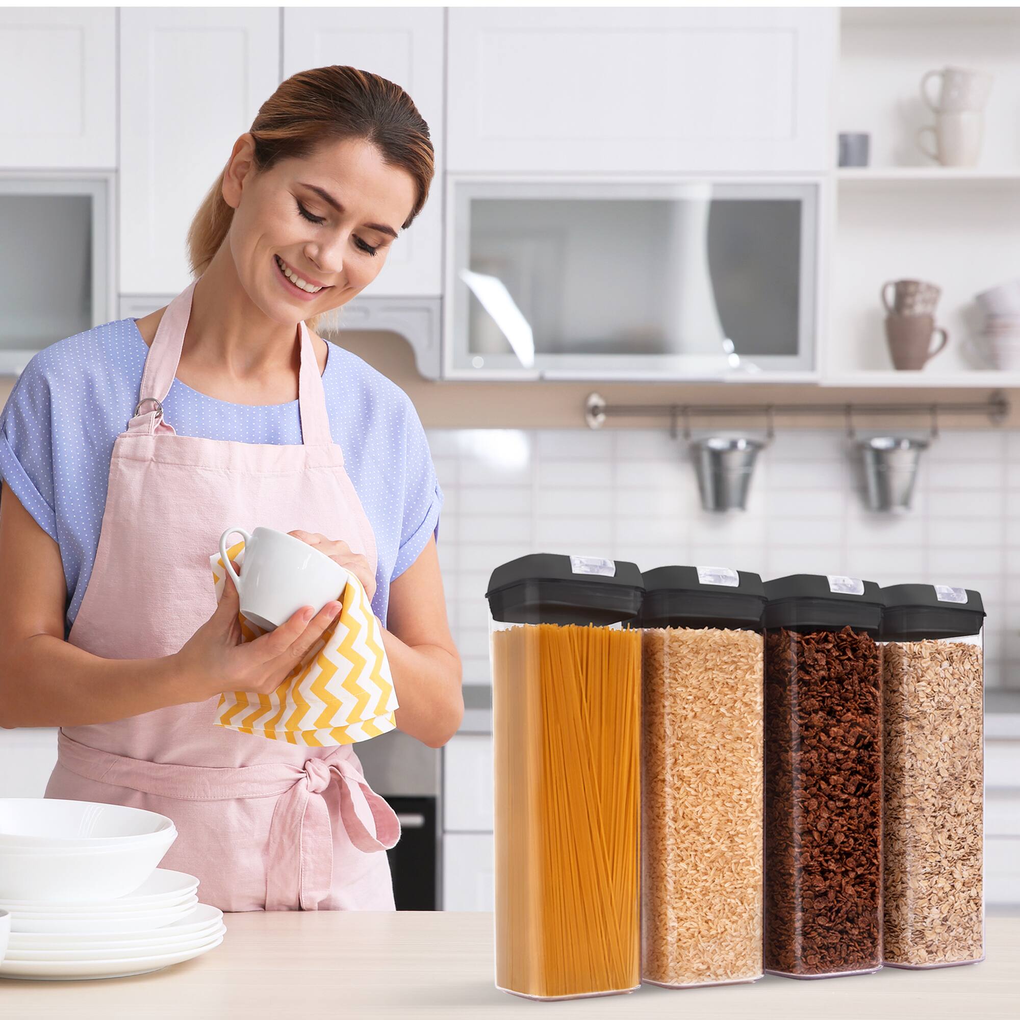 Alt View 3. Cheer Collection - 1.9-Liter Airtight Pantry Food Storage Containers with Labels, 4-Pack, Black - No Color Family.
