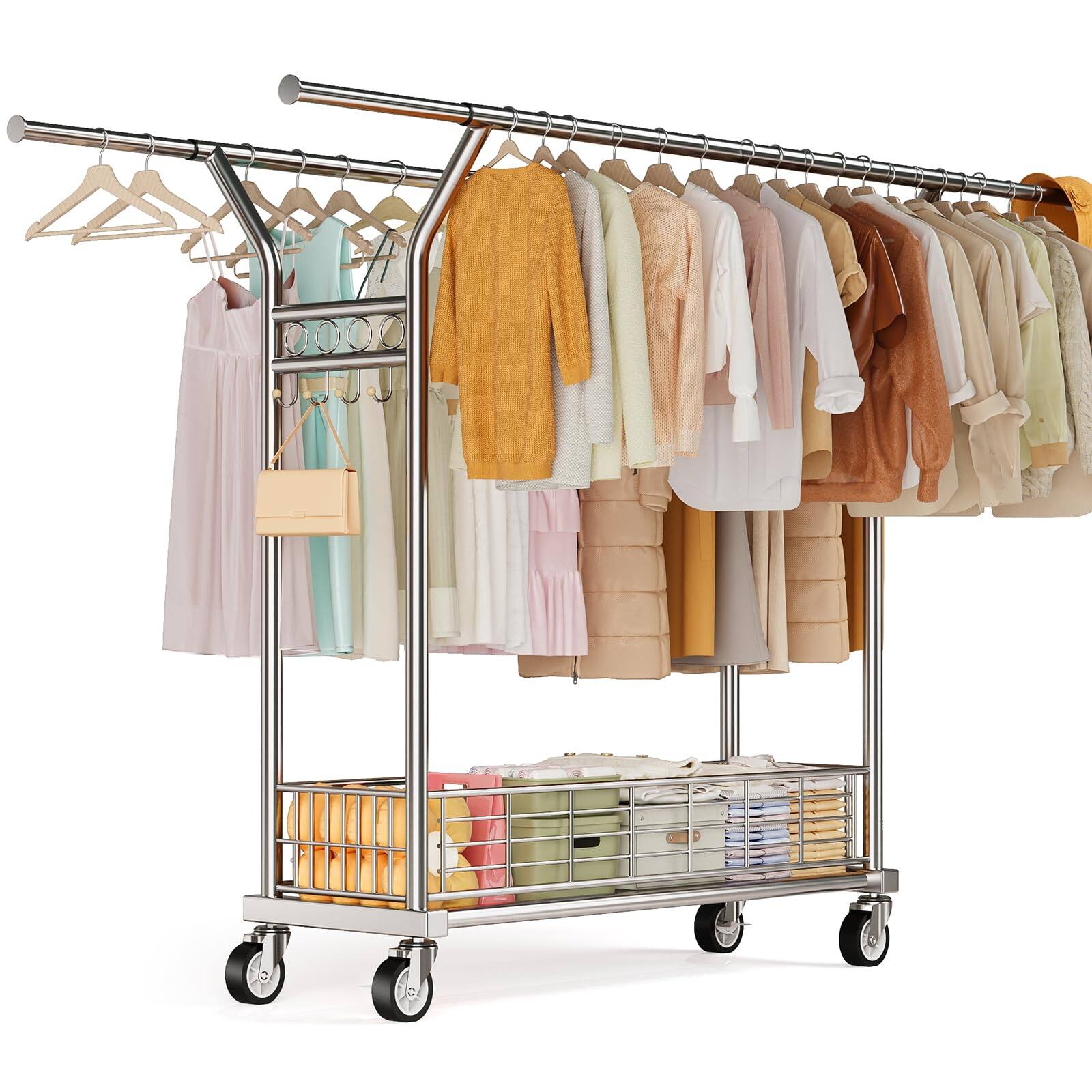 Front. Refined Abode Design - Heavy Duty Clothes Rack - Double Rod Clothing Racks With Wheels Portable & Adjustable Garment For Hanging R... - Sliver.