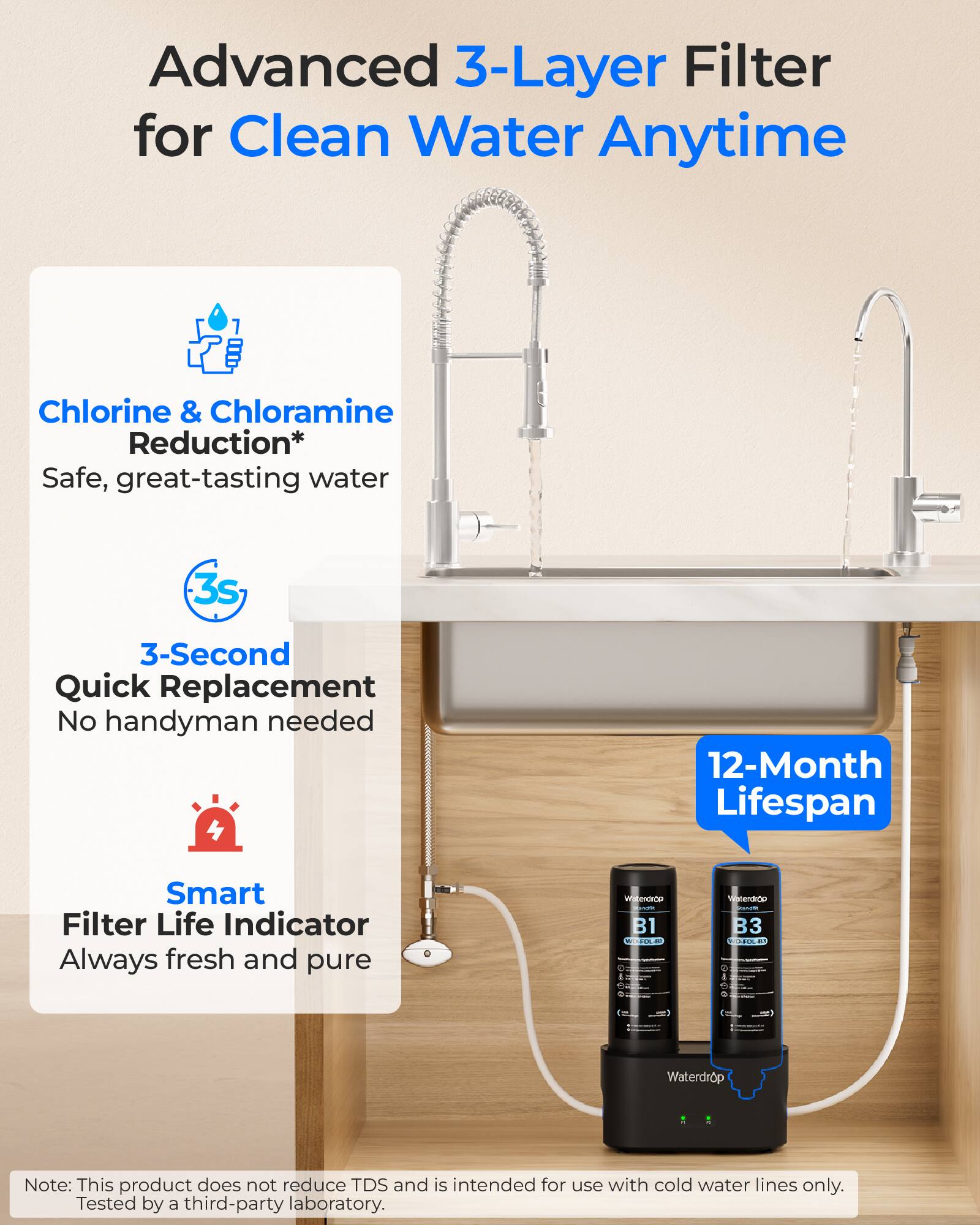 Advanced 3-Layer Filter for Clean Water Anytime

- Chlorine & Chloramine Reduction*
  - Safe, great-tasting water

- 3-Second Quick Replacement
  - No handyman needed

- Smart Filter Life Indicator
  - Always fresh and pure

- 12-Month Lifespan

Note: This product does not reduce TDS and is intended for use with cold water lines only. Tested by a third-party laboratory.