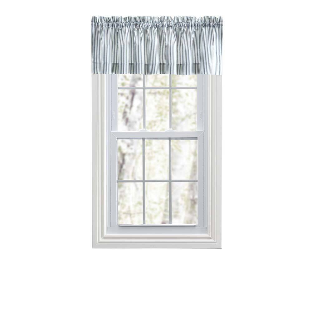 Front. Ellis Curtain - Ellis Curtain Plaza Classic Ticking Stripe Printed on Natural Ground 1.5" Rod Pocket Tailored Valance 58" x 15" Blue - Blue.