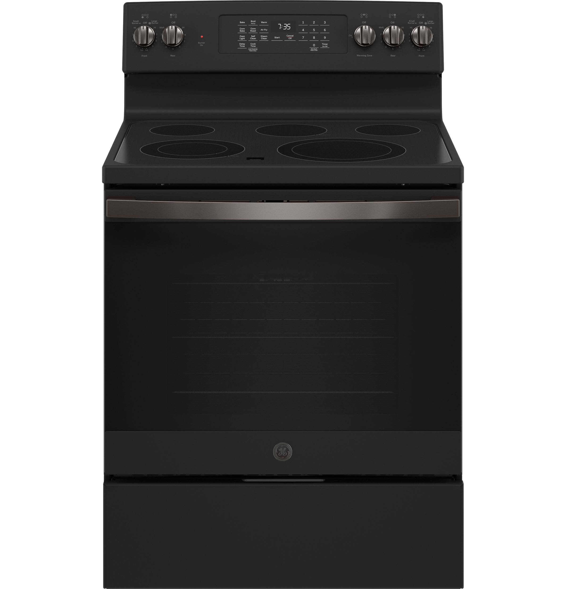 Front. GE - 5.3 Cu. Ft. Freestanding Electric Convection Range with Self-Steam Cleaning and No-Preheat Air Fry - Black Slate.