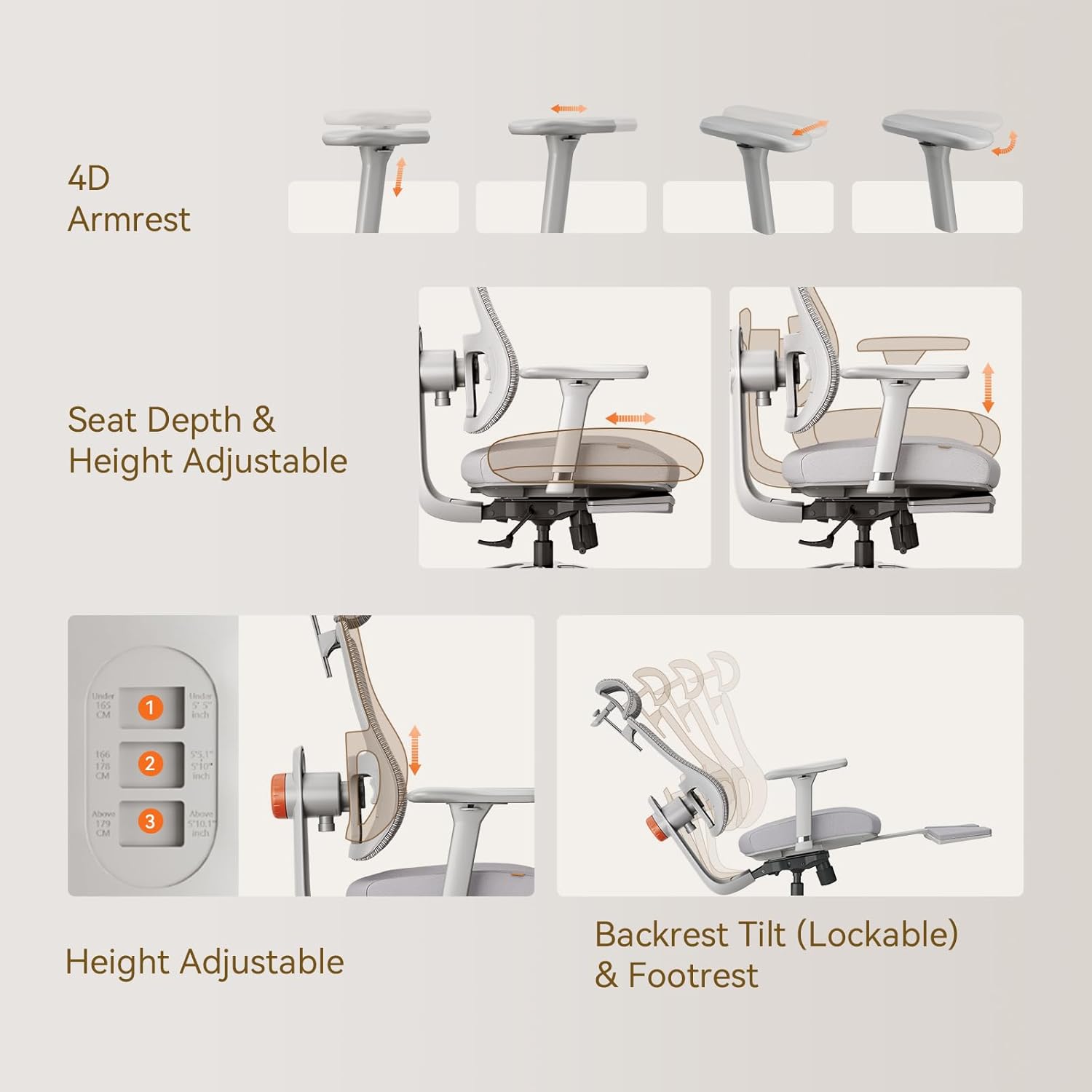4D Armrest  
Seat Depth & Height Adjustable  
Height Adjustable Backrest Tilt (Lockable) & Footrest