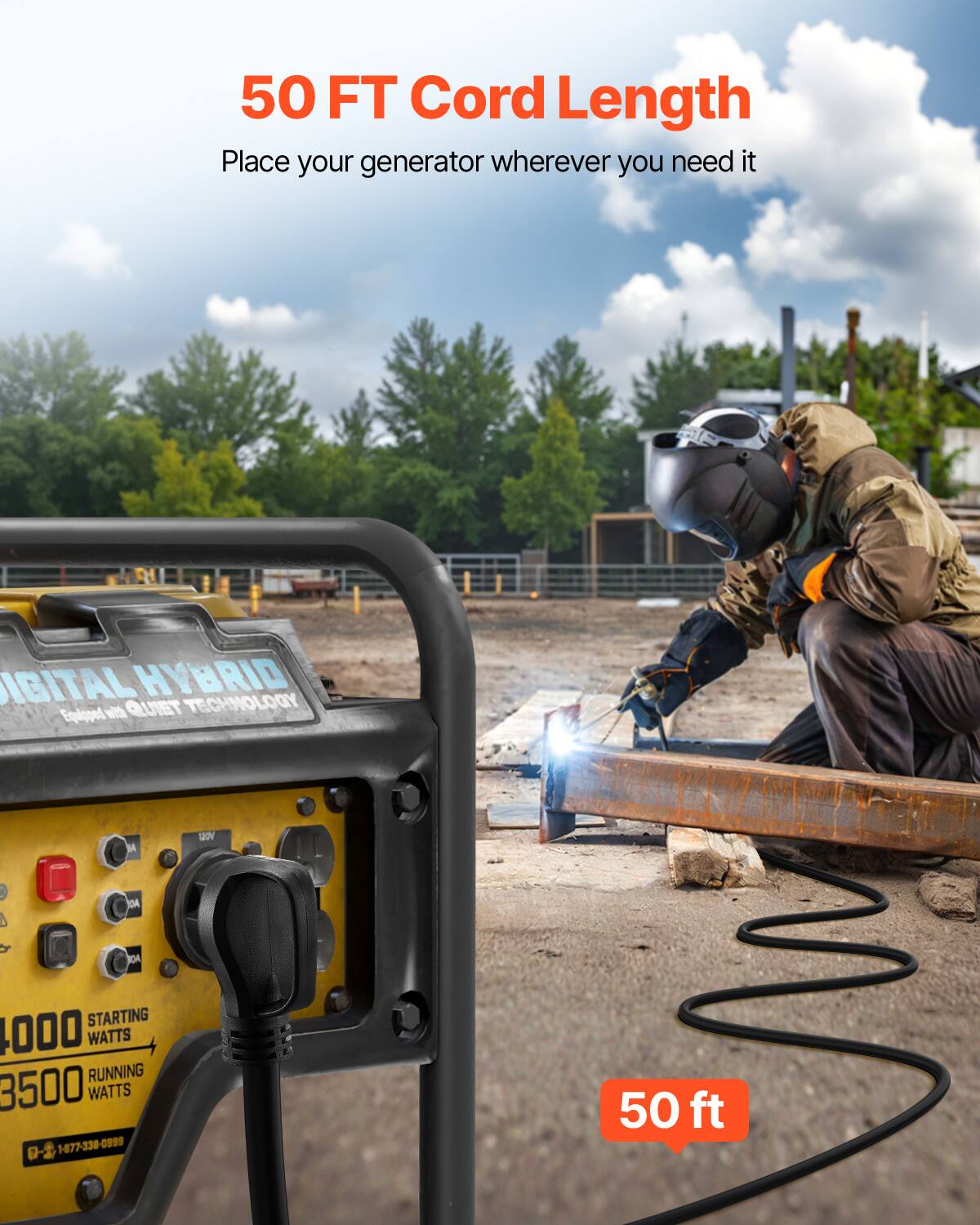 50 FT Cord Length, Place your generator wherever you need it, IGITAL HYBRID Eqpped wth QLUIET TECHMOLOGY, gO  D Y DA STARTING 1000 WATTS RUNNING 3500 WATTS, 1877-330-0999, 0999, 0-1, 50 ft