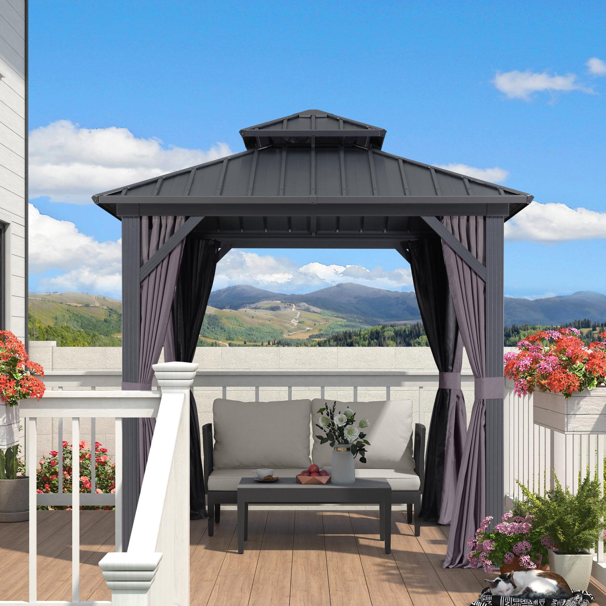 Front. PURPLE LEAF - 8' X 8' Outdoor Aluminum Hardtop Gazebo with Galvanized Steel Double Roof for Patio Deck with Netting and Curtains - 8' X 8'.