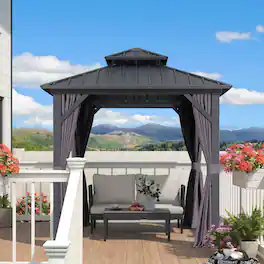 PURPLE LEAF - Outdoor Aluminum Hardtop Gazebo with Galvanized Steel Double Roof for Patio Deck with Netting and Curtains - 8' X 8'