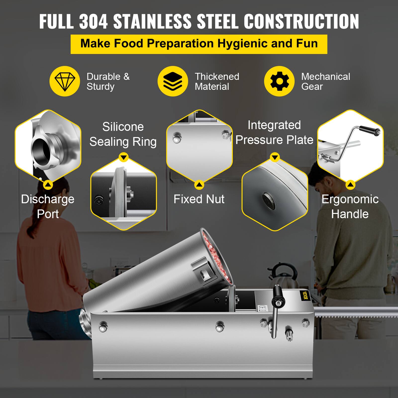 FULL 304 STAINLESS STEEL CONSTRUCTION  
Make Food Preparation Hygienic and Fun  

- Durable & Sturdy  
- Thickened Material  
- Mechanical Gear  
- Silicone Sealing Ring  
- Integrated Pressure Plate  
- Discharge Port  
- Fixed Nut  
- Ergonomic Handle
