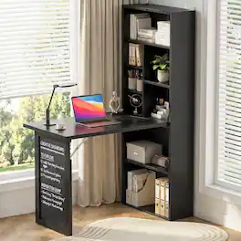 Aheaplus - Foldable Compact Desk: Built-in Outlets & Blackboard, Space-Saving Workstation for Home Office/Craft Room - Black