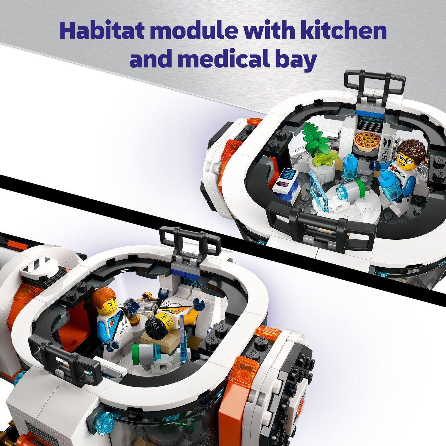 Habitat module with kitchen and medical bay.