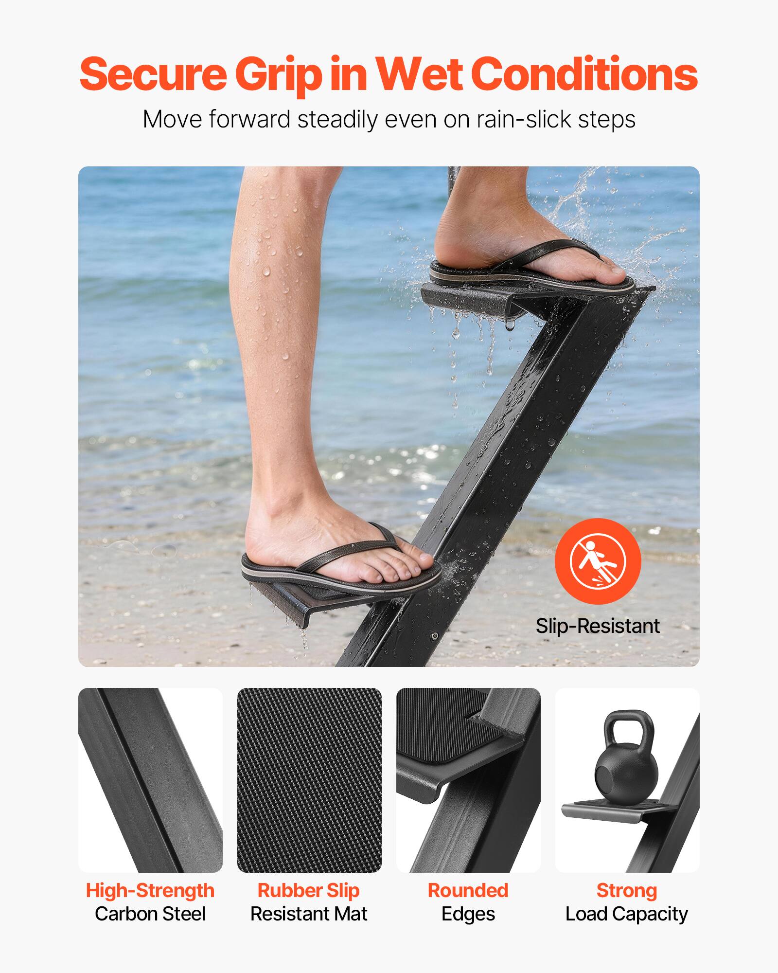 Secure Grip in Wet Conditions  
Move forward steadily even on rain-slick steps  

Slip-Resistant  
High-Strength Carbon Steel  
Rubber Slip Resistant Mat  
Rounded Edges  
Strong Load Capacity