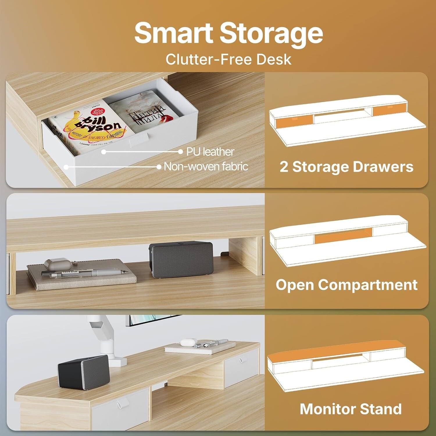 Smart Storage Clutter-Free Desk - 2 Storage Drawers Open Compartment Monitor Stand

- PU leather
- Non-woven fabric