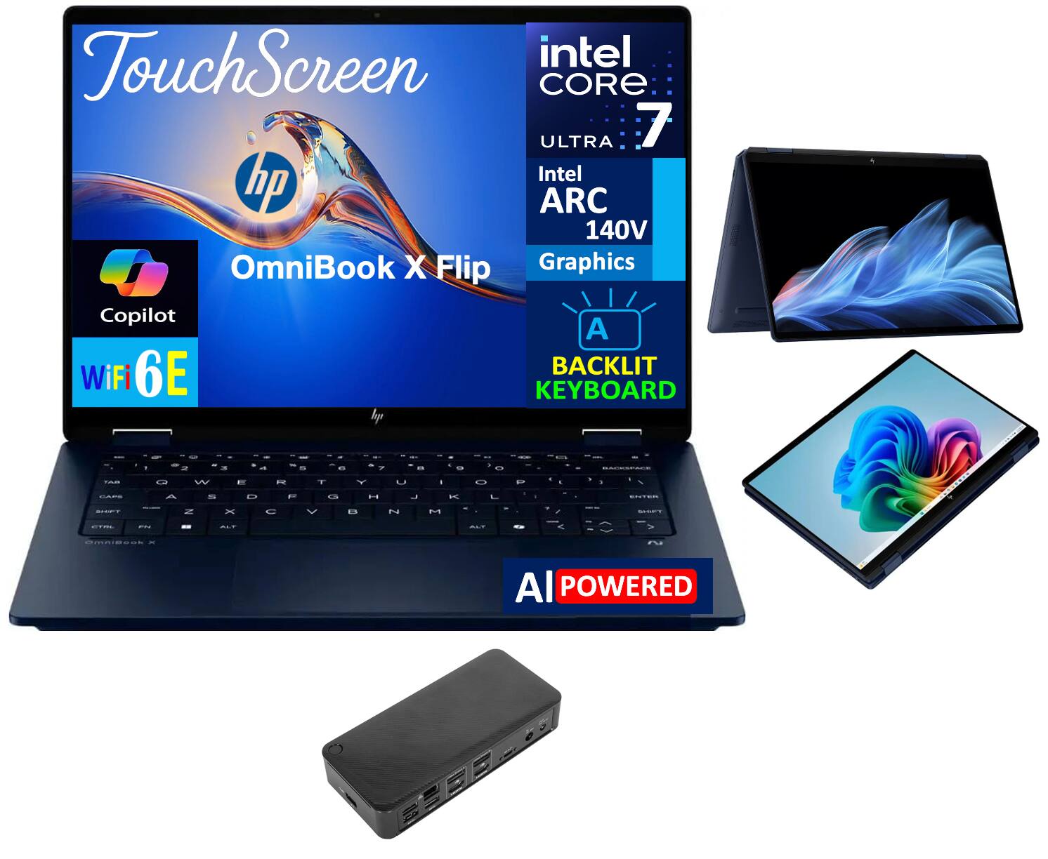 TouchScreen  
hp OmniBook X Flip  

intel CORE ULTRA 7  
Intel ARC 140V Graphics  

Copilot  
WiFi 6E  

BACKLIT KEYBOARD  

AI POWERED