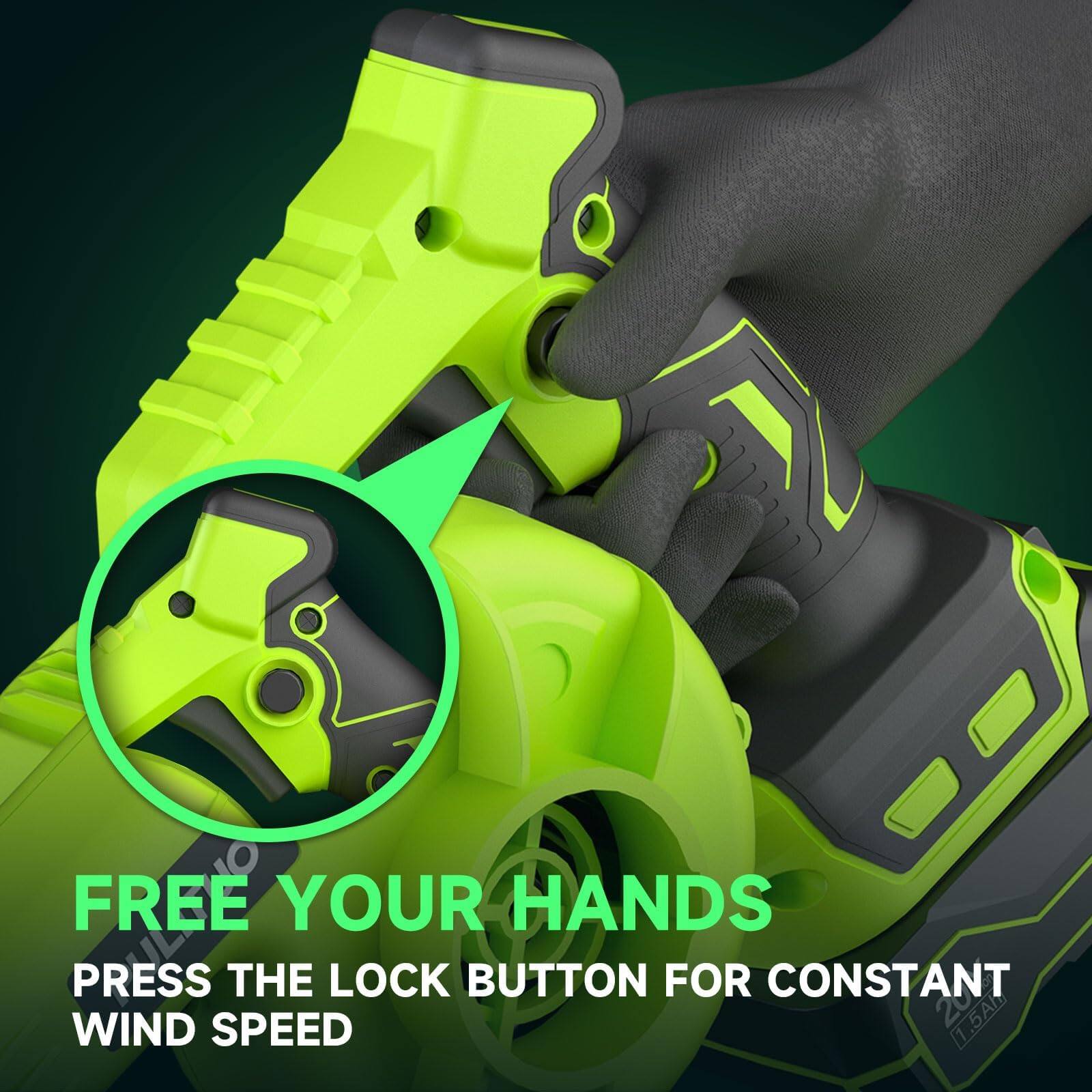 FREE YOUR HANDS  
PRESS THE LOCK BUTTON FOR CONSTANT WIND SPEED