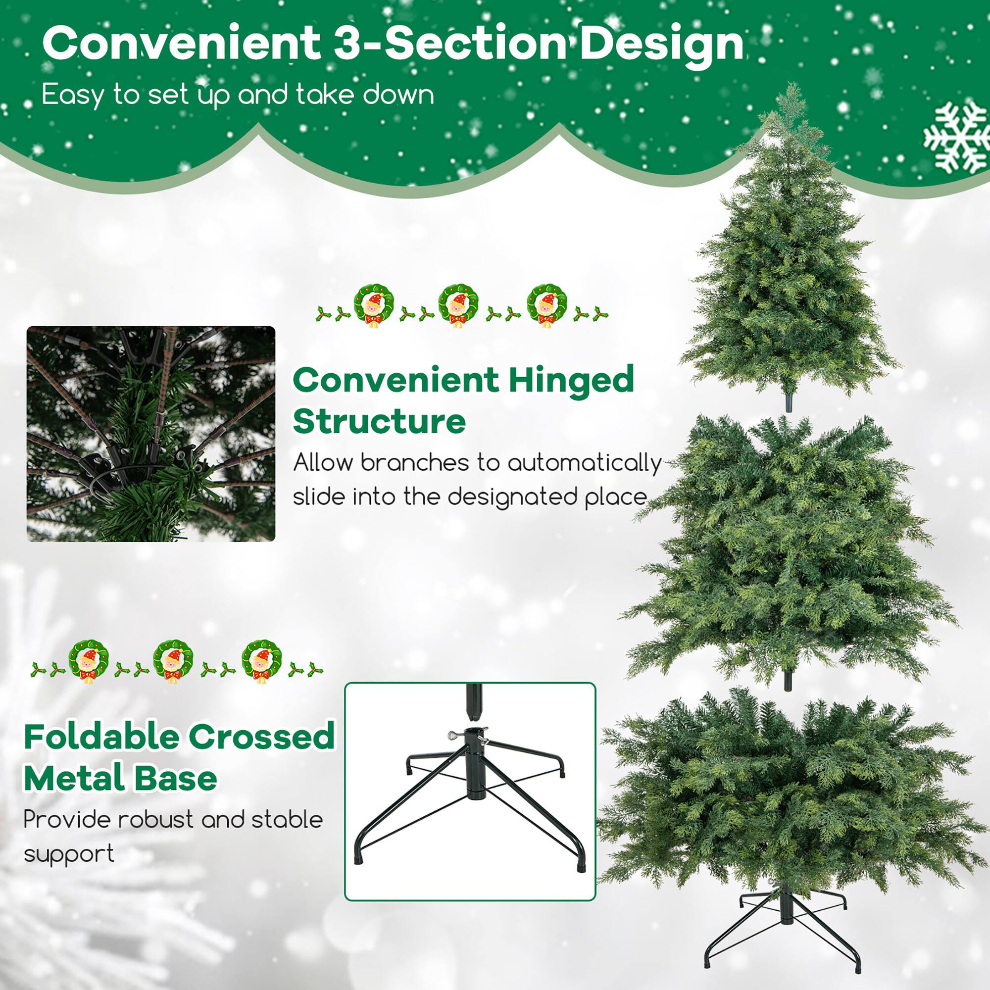 Convenient 3-Section Design  
Easy to set up and take down  

Convenient Hinged Structure  
Allow branches to automatically slide into the designated place  

Foldable Crossed Metal Base  
Provide robust and stable support