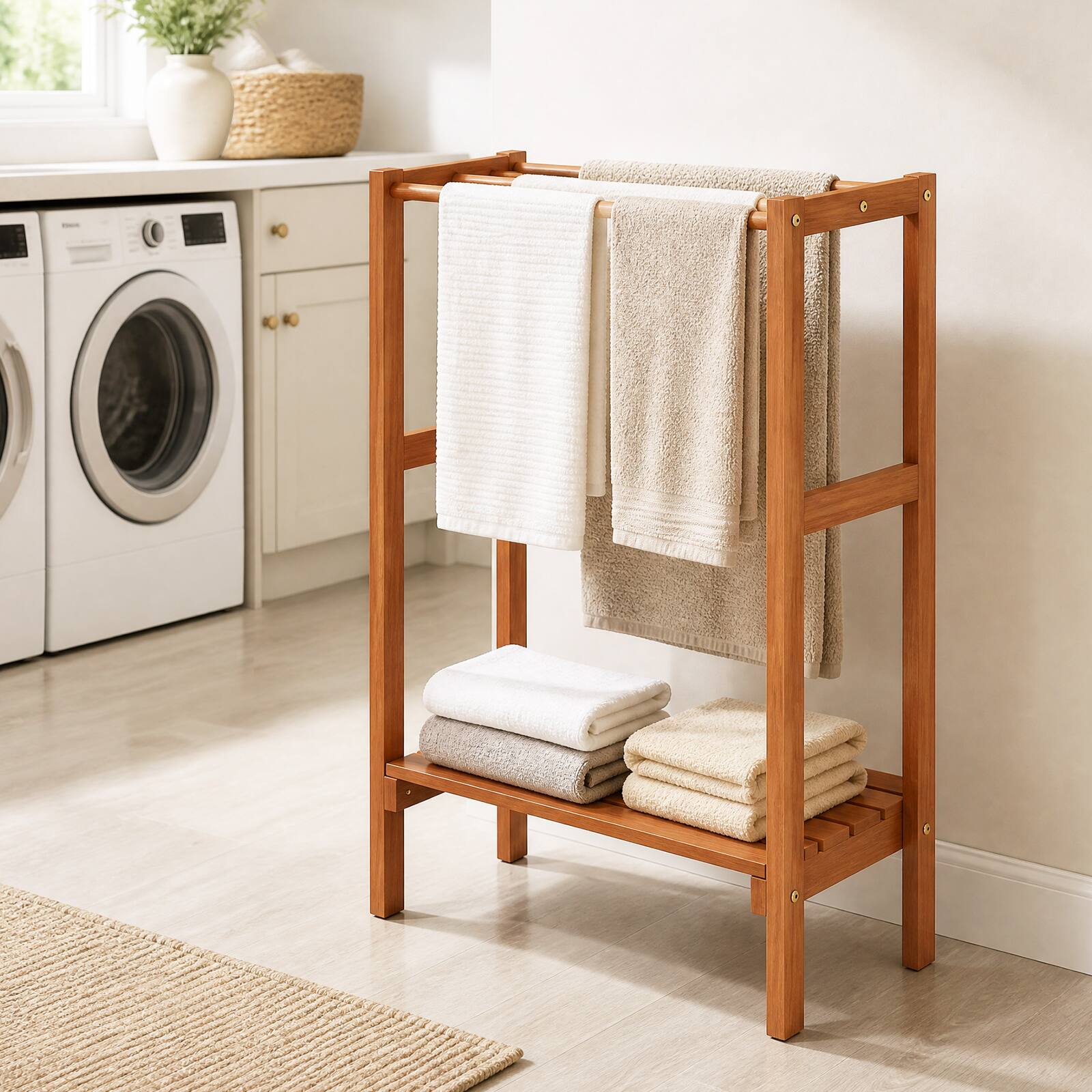 Alt View 5. Costway - Costway Freestanding Towel Rack with 3 Hanging Bars & Bottom Shelf for Bathroom, Laundry - Natural.