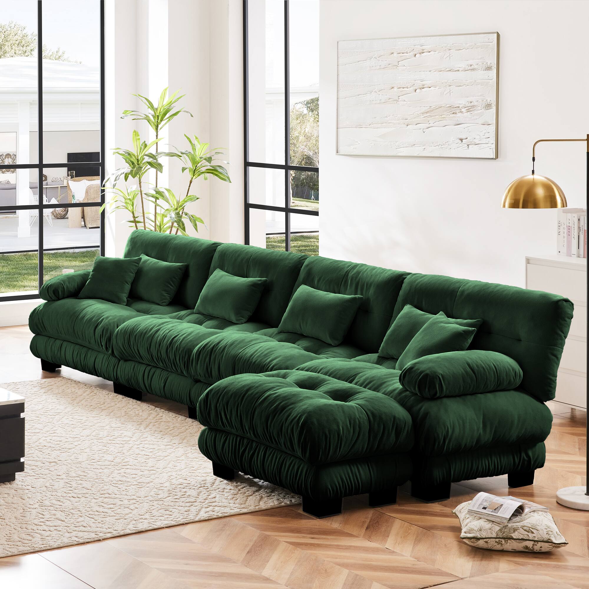 Front. Aukfa - Free Combination Modular Sectional Sofa - L-Shaped 4-Seater Cloud Couch with Convertible Ottoman, Chenille - Green.
