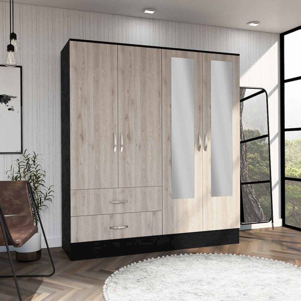 Alt View 3. TuHome - Bolton 160 Armoire, Six Shelves, Two Double Door Cabinets, Two Mirrors, Two Drawers, Rod - Black.