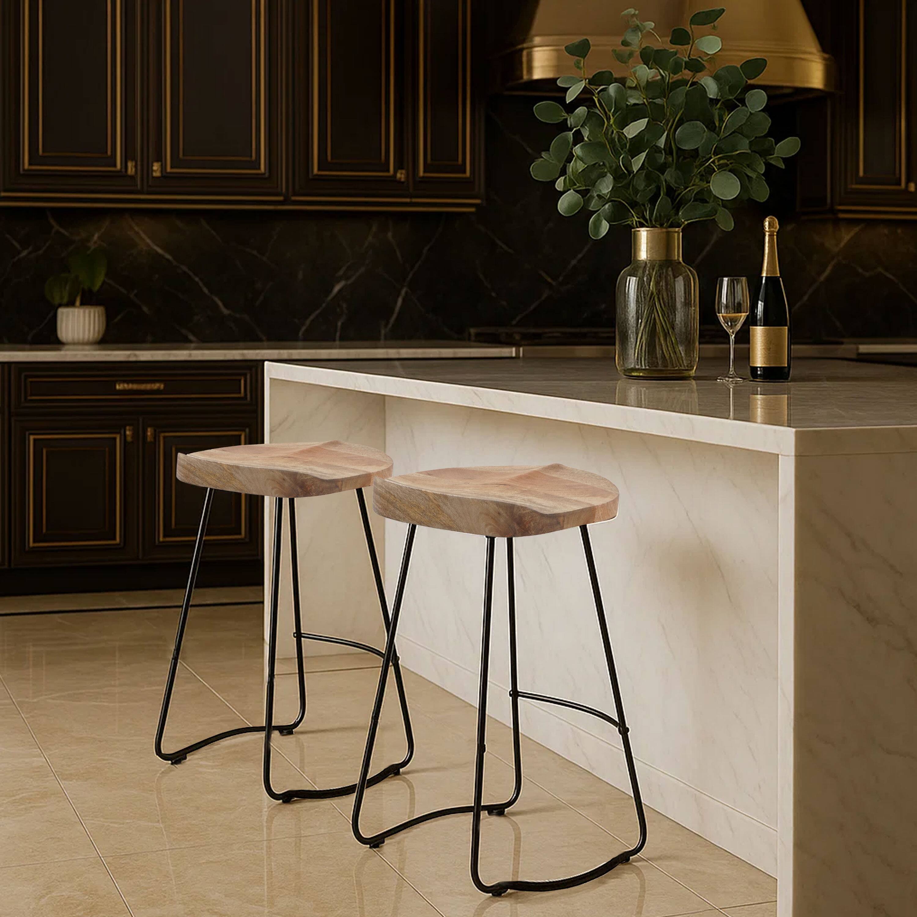 Alt View 9. Manhattan Lane - Tiva 30 Inch Handcrafted Backless Barstool, Natural Brown Mango Wood Saddle Seat, Black Metal Base - Brown, Black.