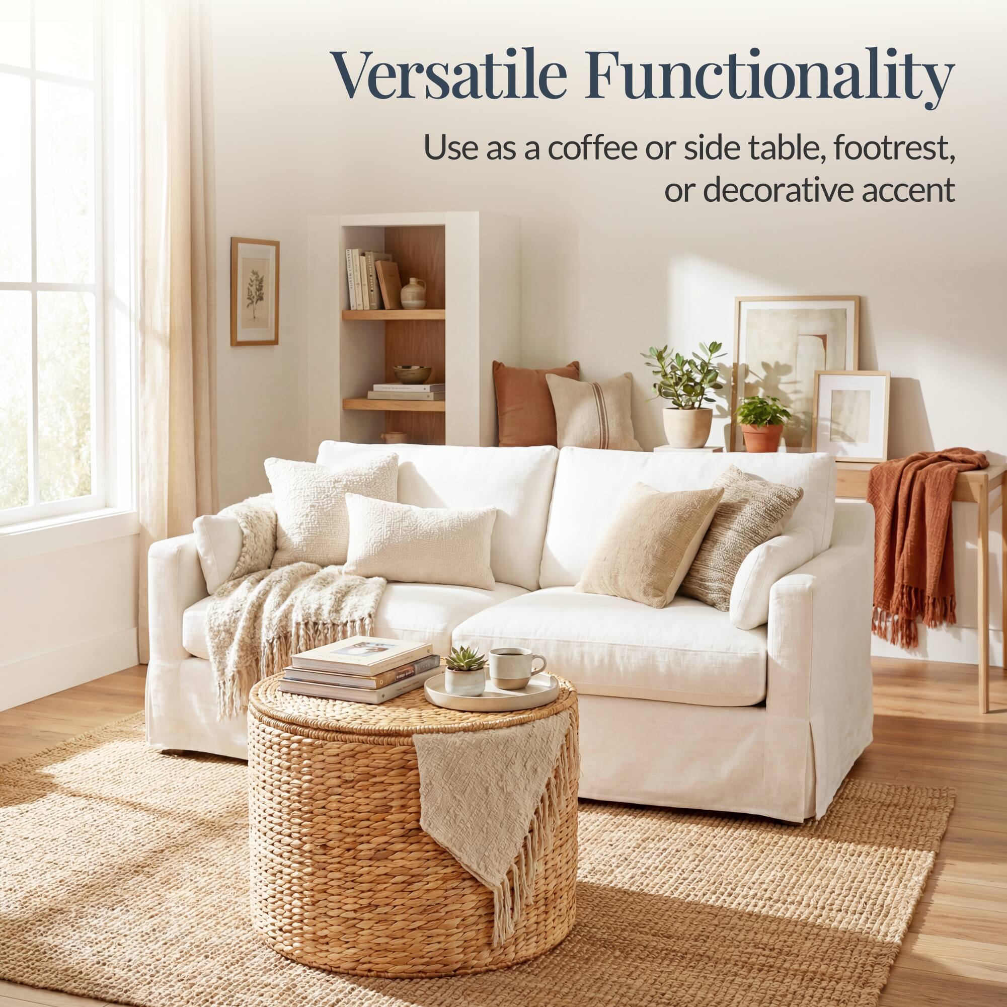 Versatile Functionality  
Use as a coffee or side table, footrest, or decorative accent