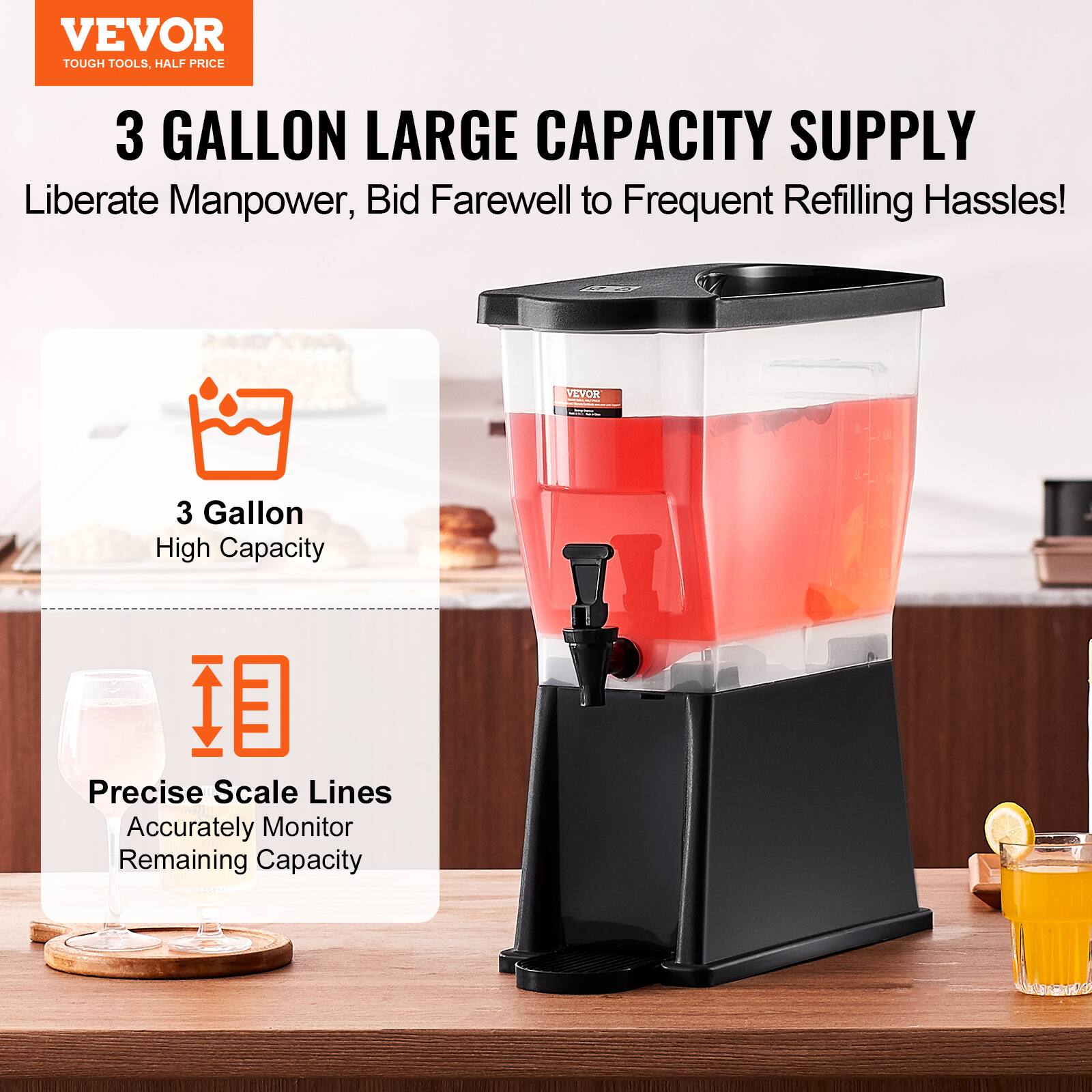 VEVOR  
TOUGH TOOLS, HALF PRICE  

3 GALLON LARGE CAPACITY SUPPLY  
Liberate Manpower, Bid Farewell to Frequent Refilling Hassles!  

3 Gallon  
High Capacity  

Precise Scale Lines  
Accurately Monitor Remaining Capacity