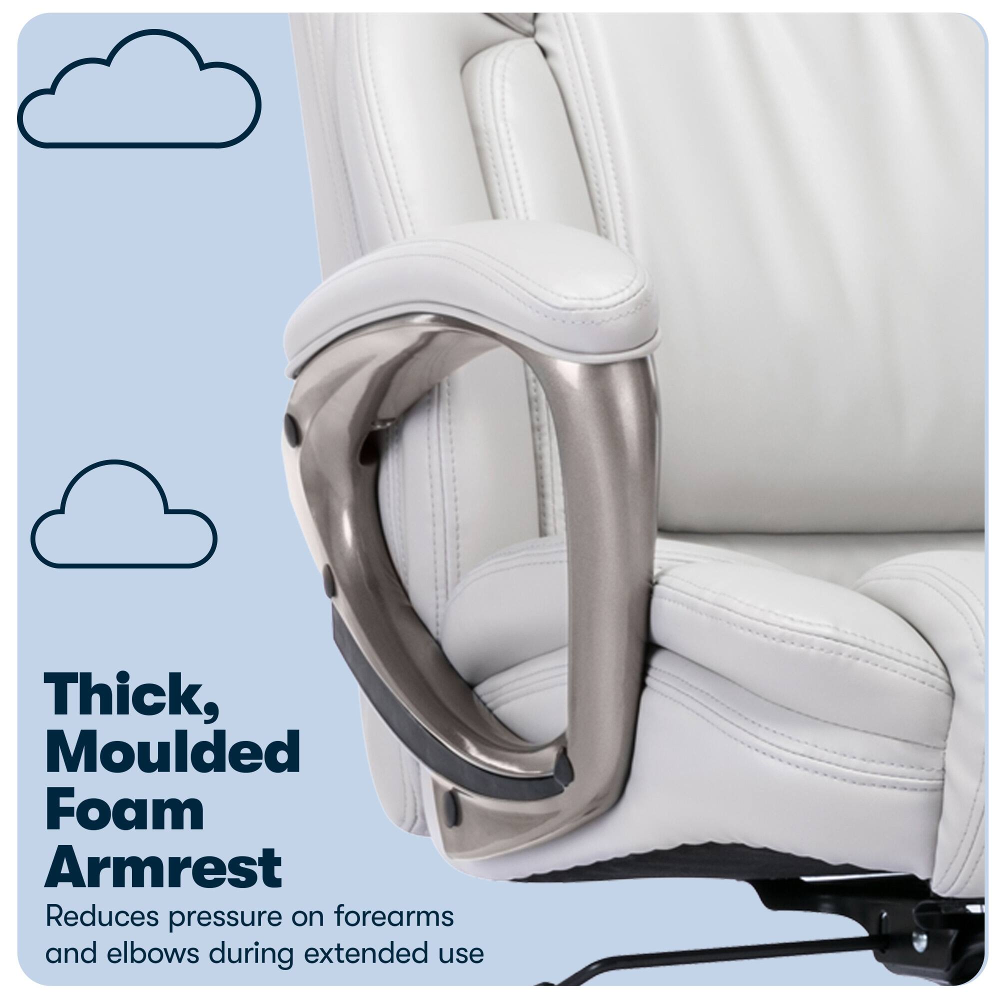 Thick, moulded foam armrest reduces pressure on forearms and elbows during extended use.