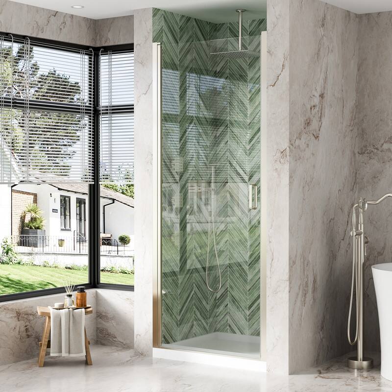 Alt View 1. WELLFOR - 32-7/16"-34"W x 72" H Semi-Frameless Pivot Shower Door -1/4 in. Tempered Glass, Easy Clean Coating - Brushed Nickel.