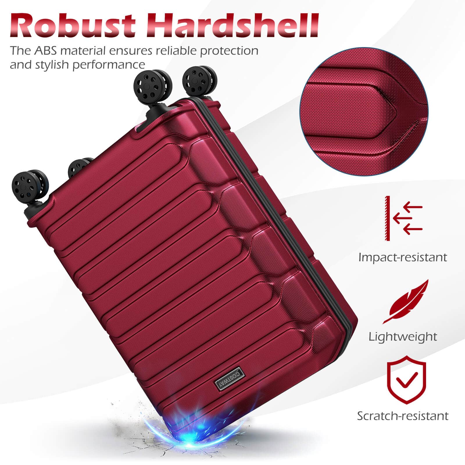 Costway 3 Piece Hardside Luggage Set (20/24/28 Inch) with 8